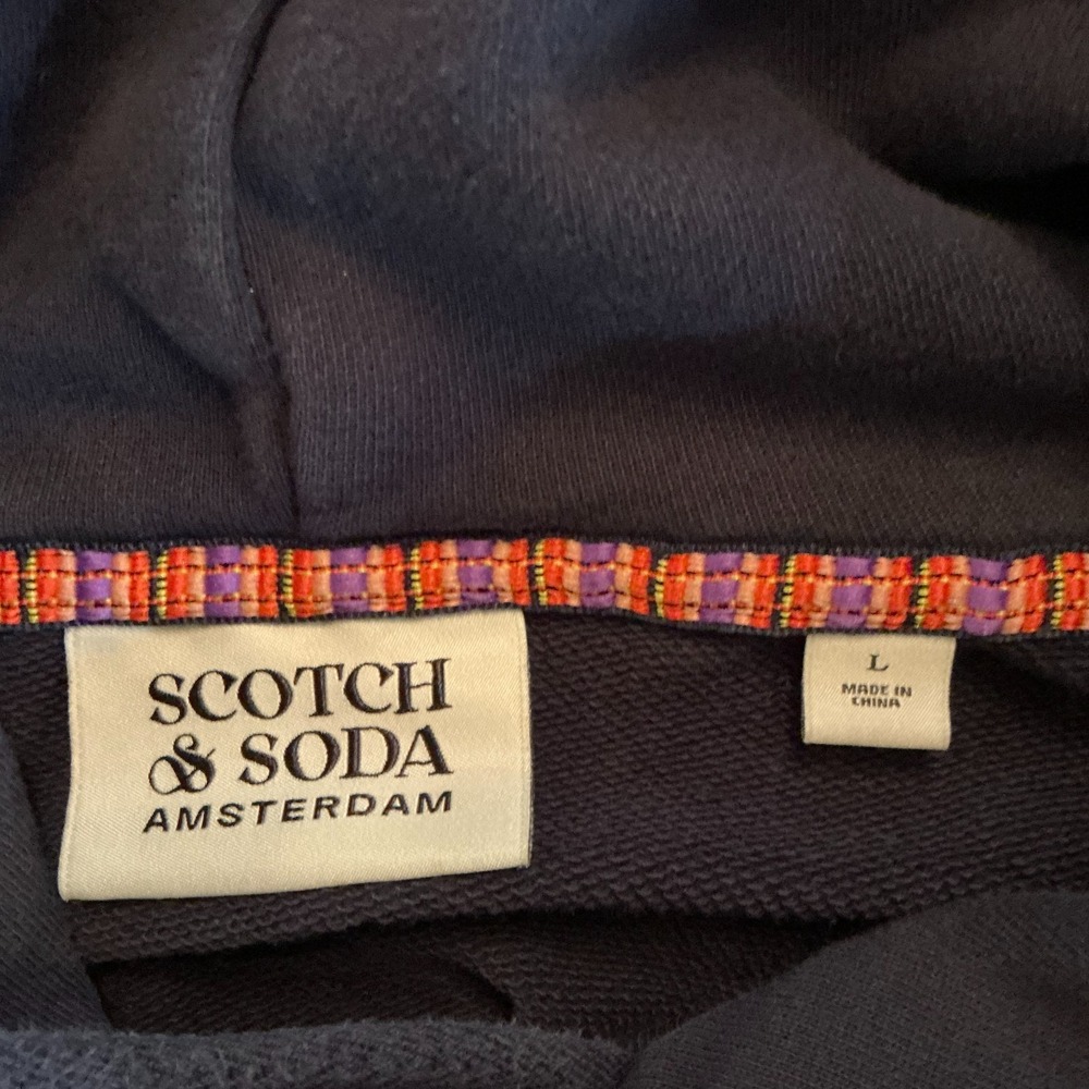 Scotch & Soda Hoodie Mens Large Navy Graphic Patch Pullover Cotton Sweatshirt - Picture 7 of 11
